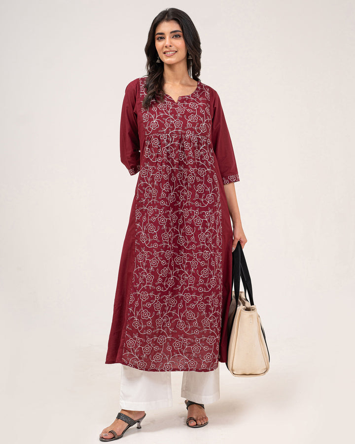 Maroon Embroidered Pure Cotton Kurta
