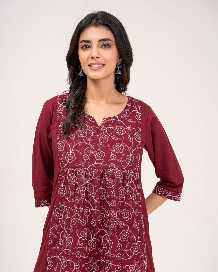 Maroon Embroidered Pure Cotton Kurta