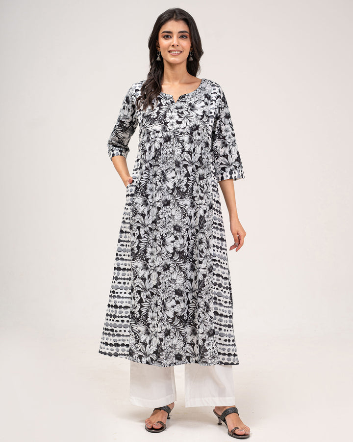 Black Floral Print Pure Cotton Kurta