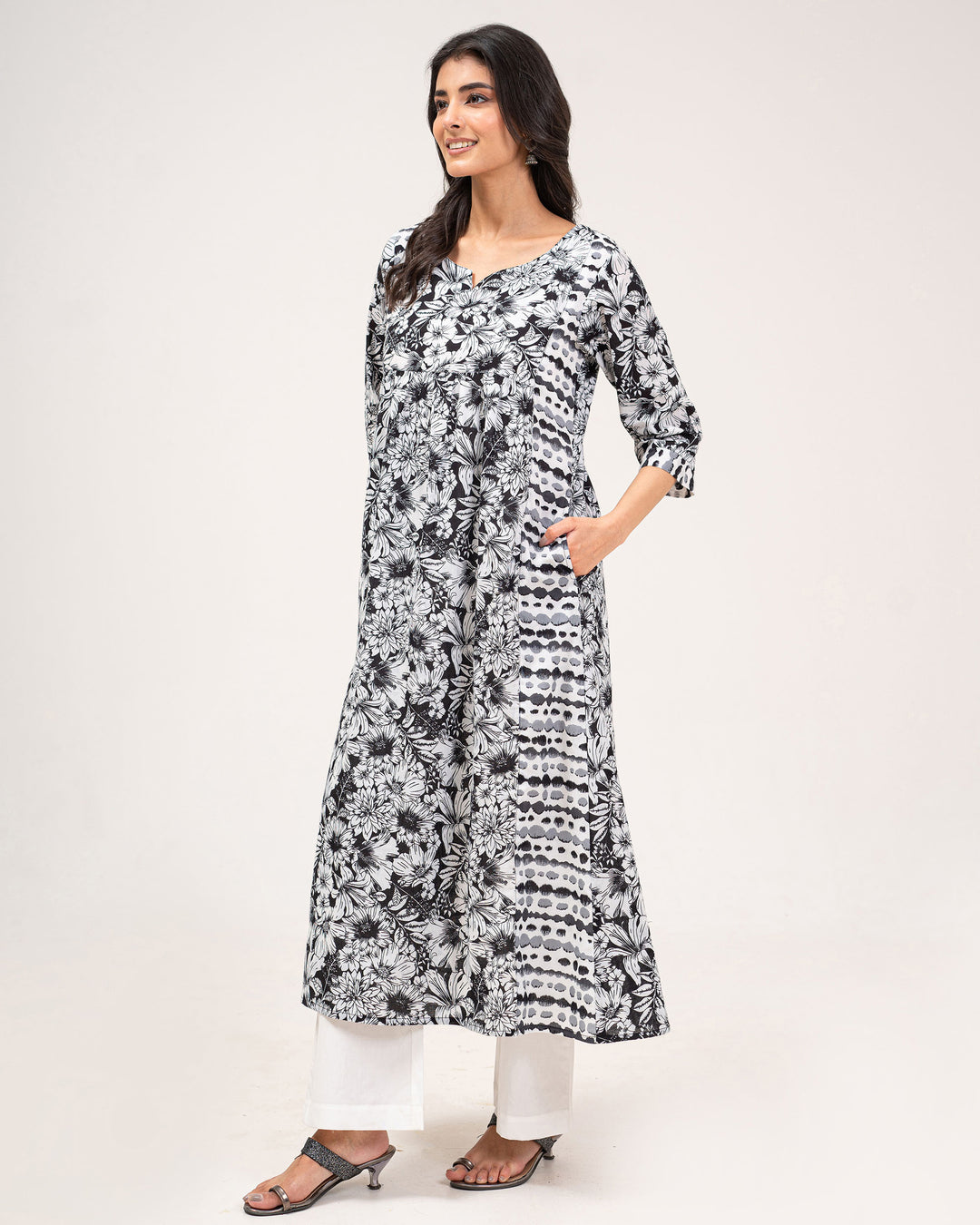 Black Floral Print Pure Cotton Kurta
