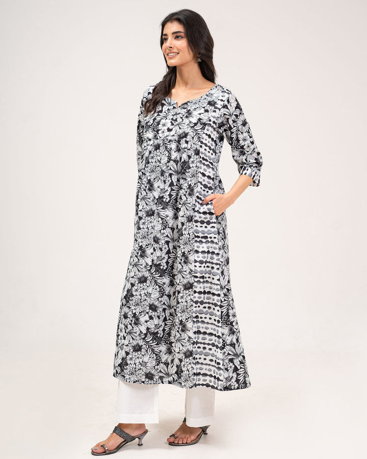 Black Floral Print Pure Cotton Kurta