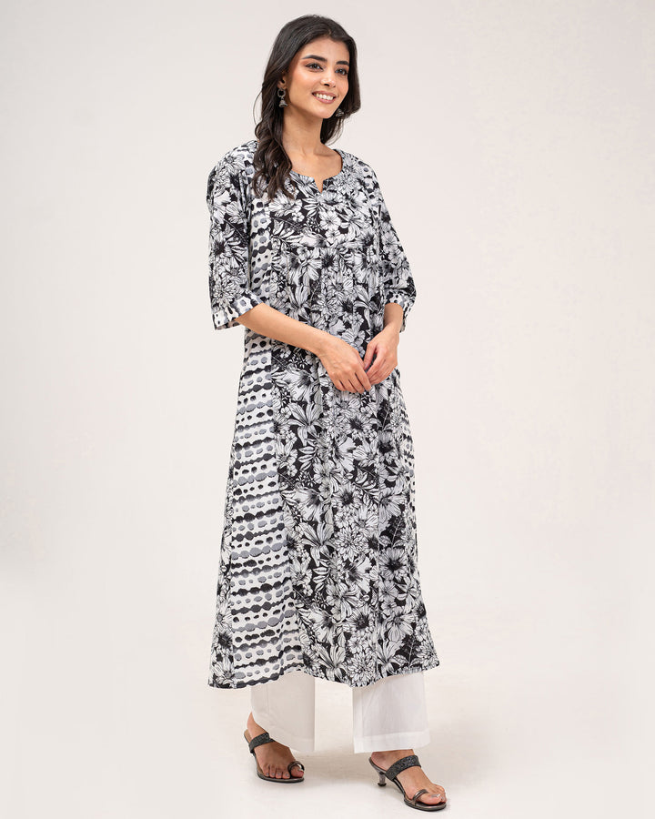 Black Floral Print Pure Cotton Kurta