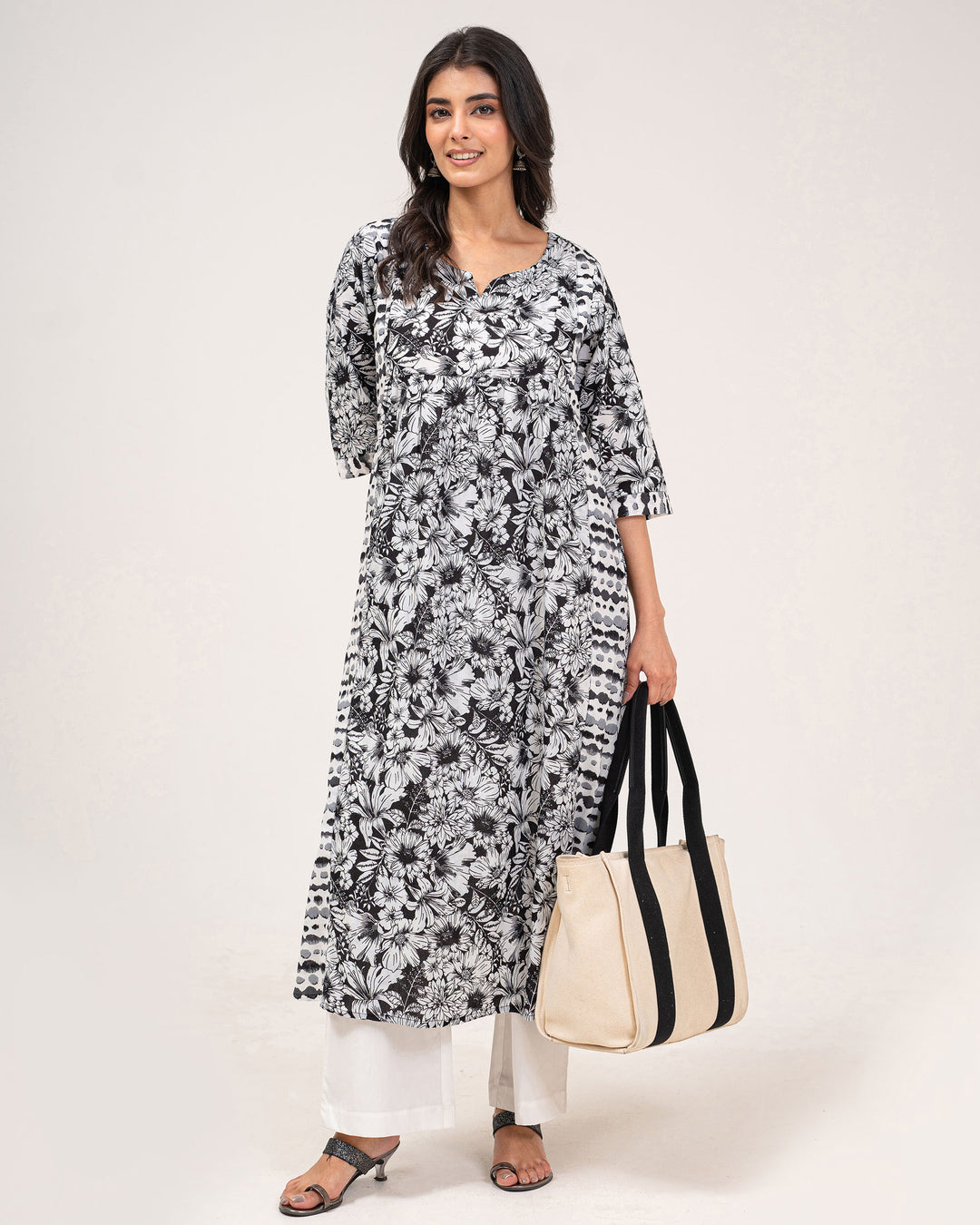 Black Floral Print Pure Cotton Kurta