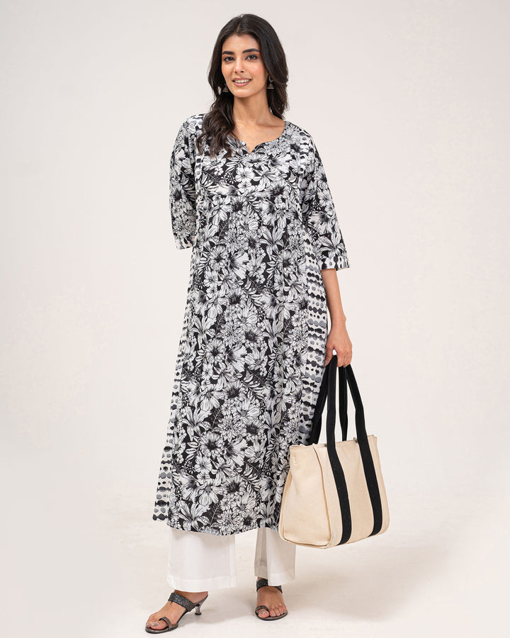 Black Floral Print Pure Cotton Kurta