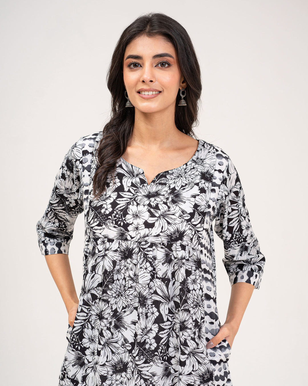 Black Floral Print Pure Cotton Kurta