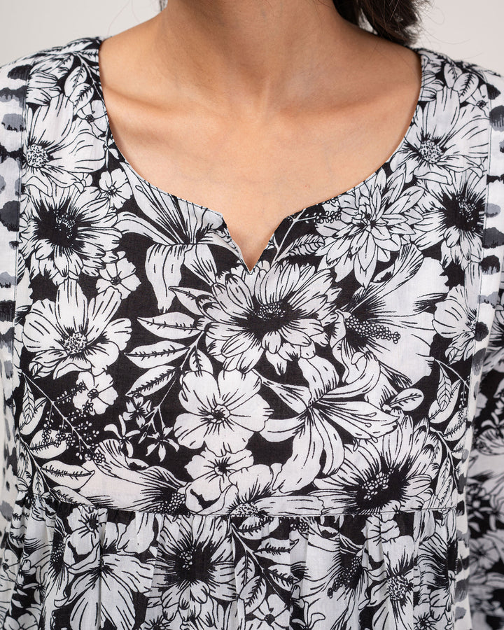 Black Floral Print Pure Cotton Kurta
