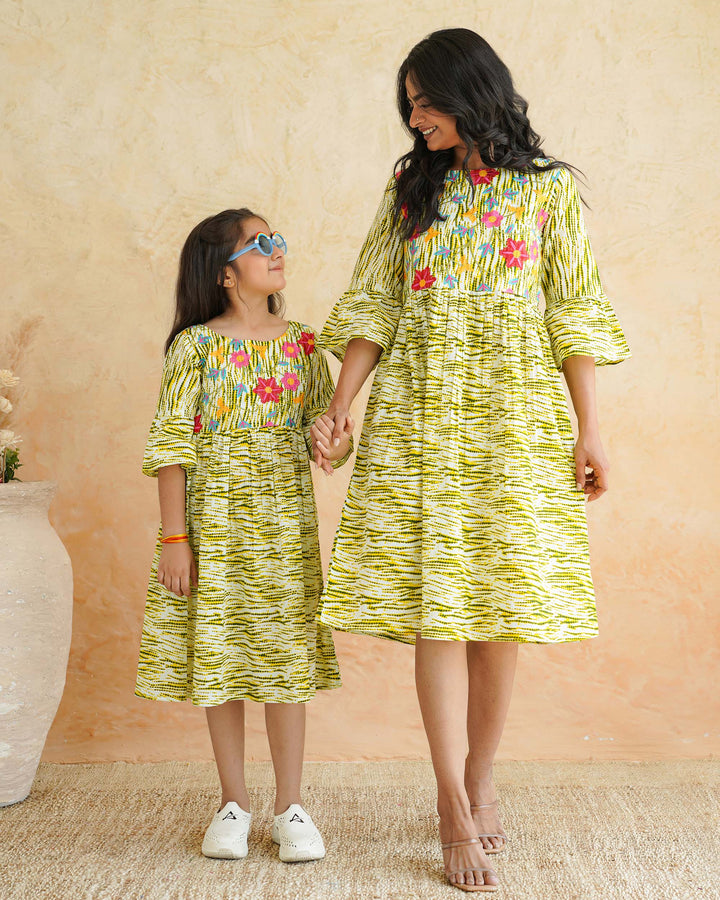 Radiant Floral Whimsy Mom and Daughter Embroidered Dresses
