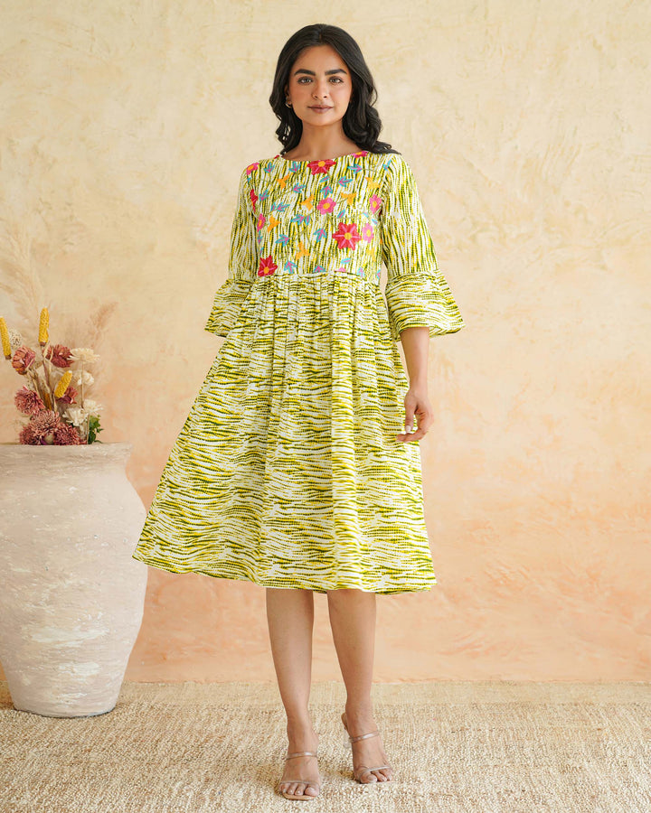 Radiant Floral Whimsy Embroidered Cotton Dress with Pockets