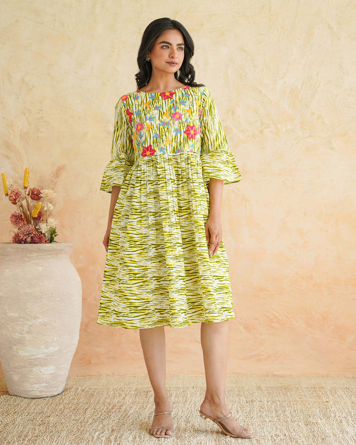 Radiant Floral Whimsy Embroidered Cotton Dress with Pockets