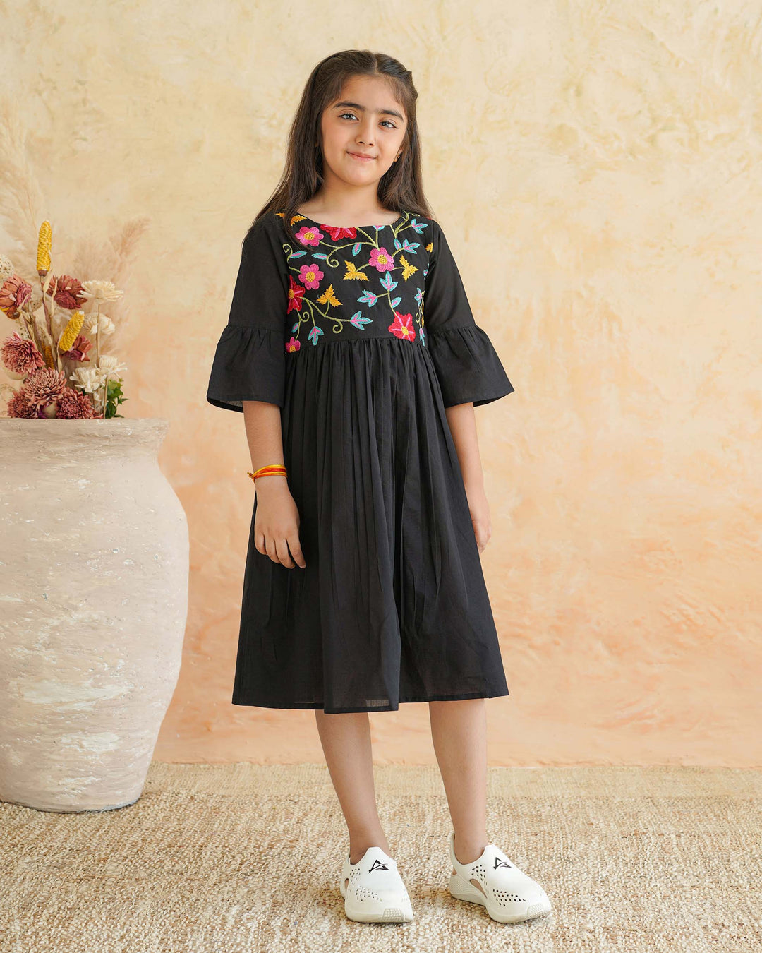 Black Floral Whimsy Cotton Girl's Dress