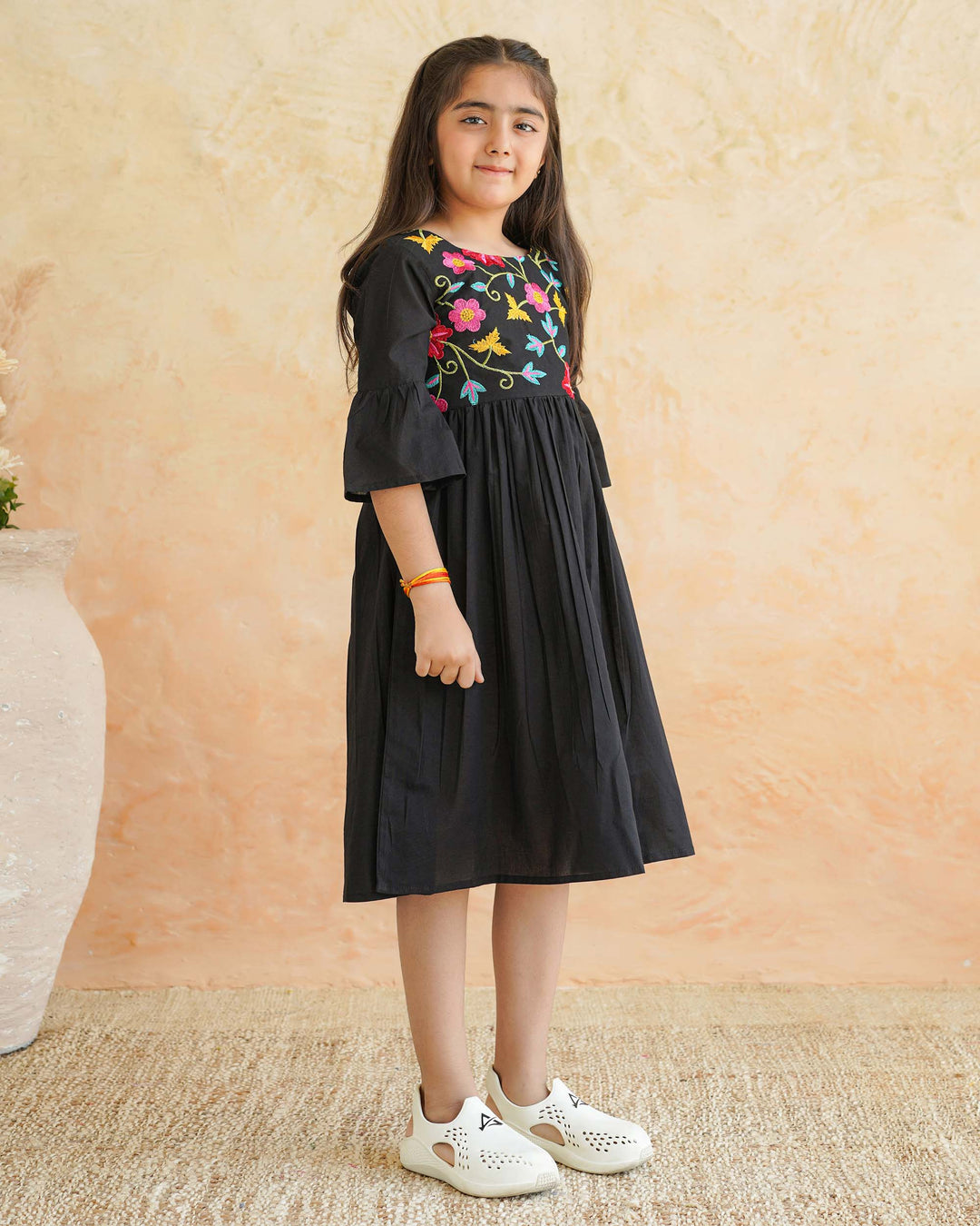Black Floral Whimsy Cotton Girl's Dress