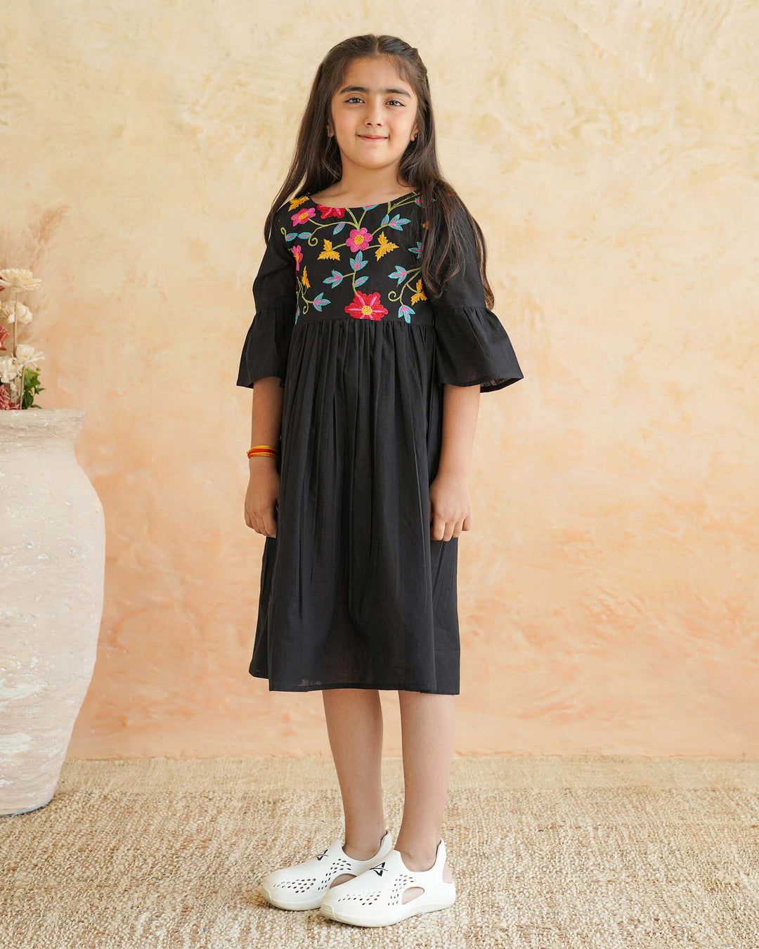 Black Floral Whimsy Cotton Girl's Dress