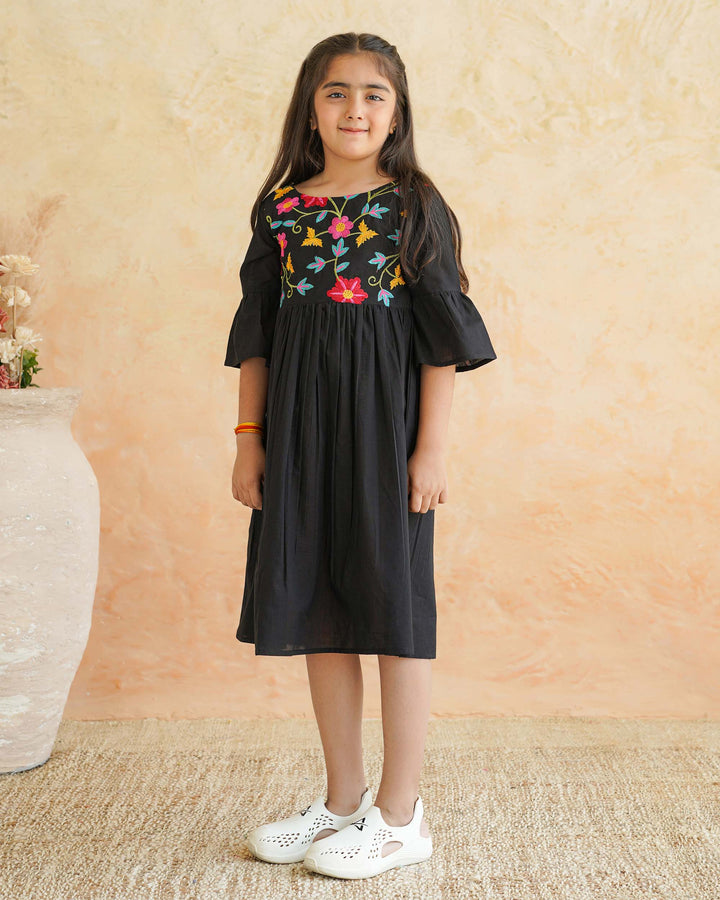 Black Floral Whimsy Cotton Girl's Dress