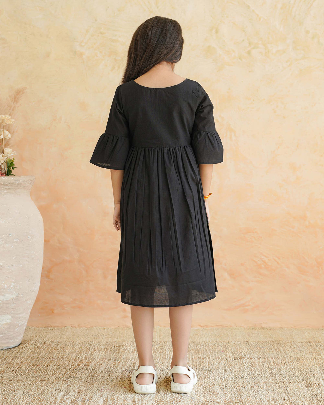 Black Floral Whimsy Cotton Girl's Dress