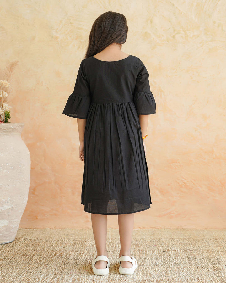 Black Floral Whimsy Cotton Girl's Dress