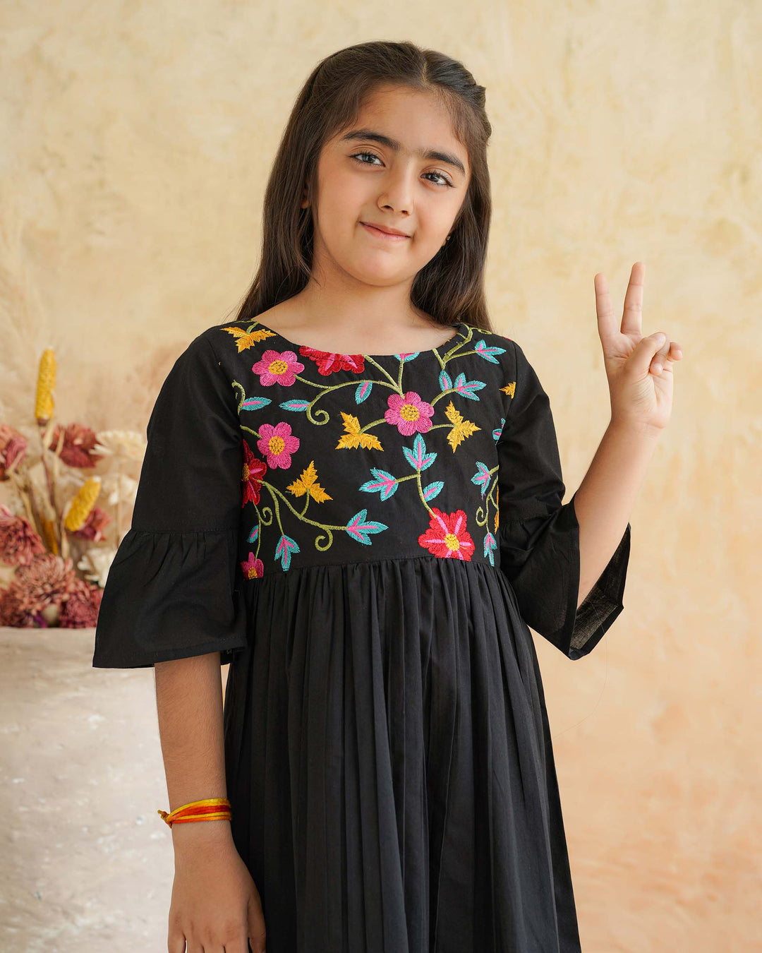 Black Floral Whimsy Cotton Girl's Dress