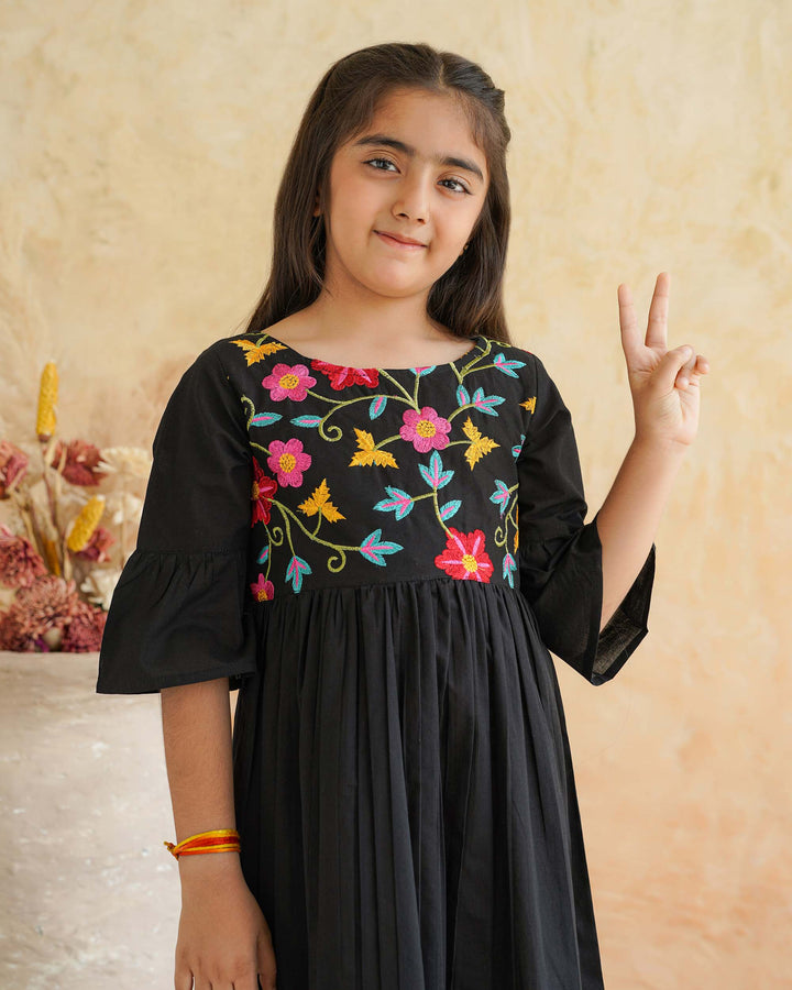 Black Floral Whimsy Cotton Girl's Dress