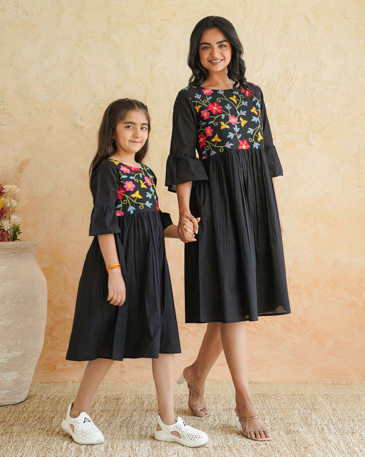Black Floral Whimsy Mom and Daughter Embroidered Dresses