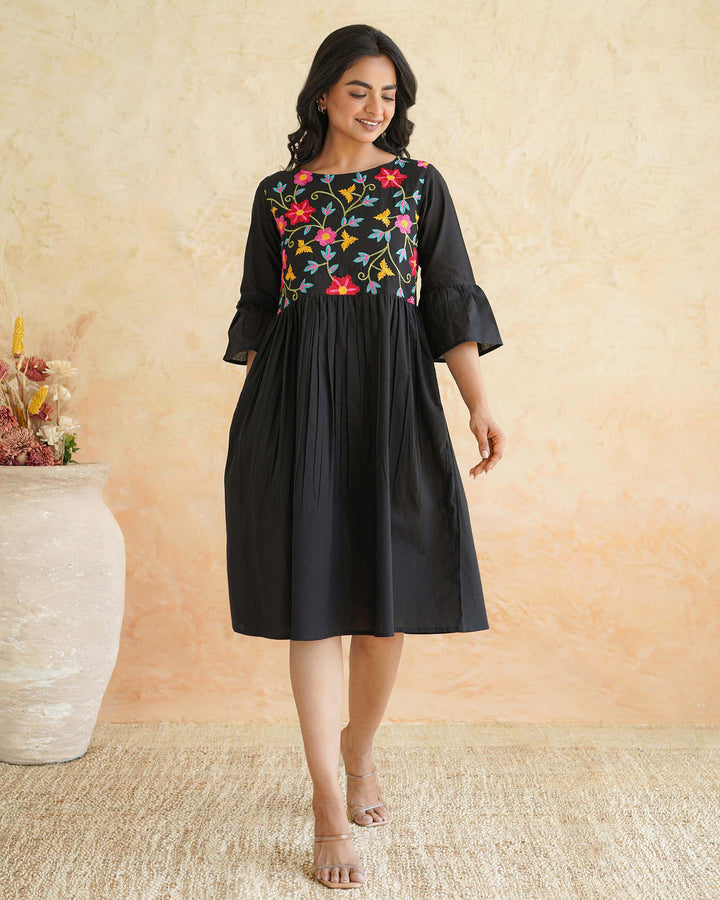 Black Floral Whimsy Embroidered Cotton Dress with Pockets