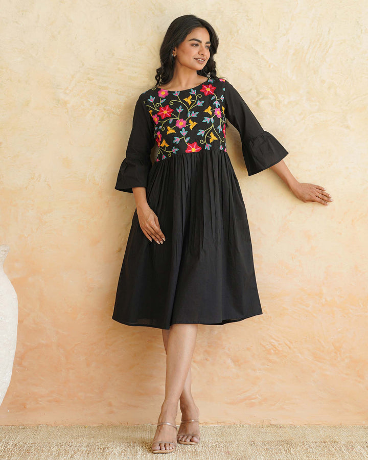 Black Floral Whimsy Embroidered Cotton Dress with Pockets