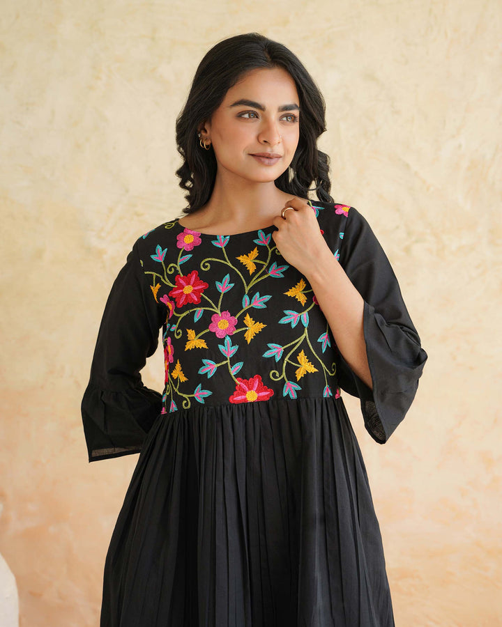 Black Floral Whimsy Embroidered Cotton Dress with Pockets
