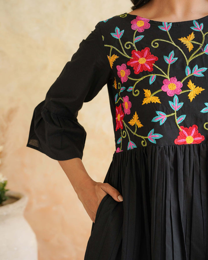 Black Floral Whimsy Embroidered Cotton Dress with Pockets