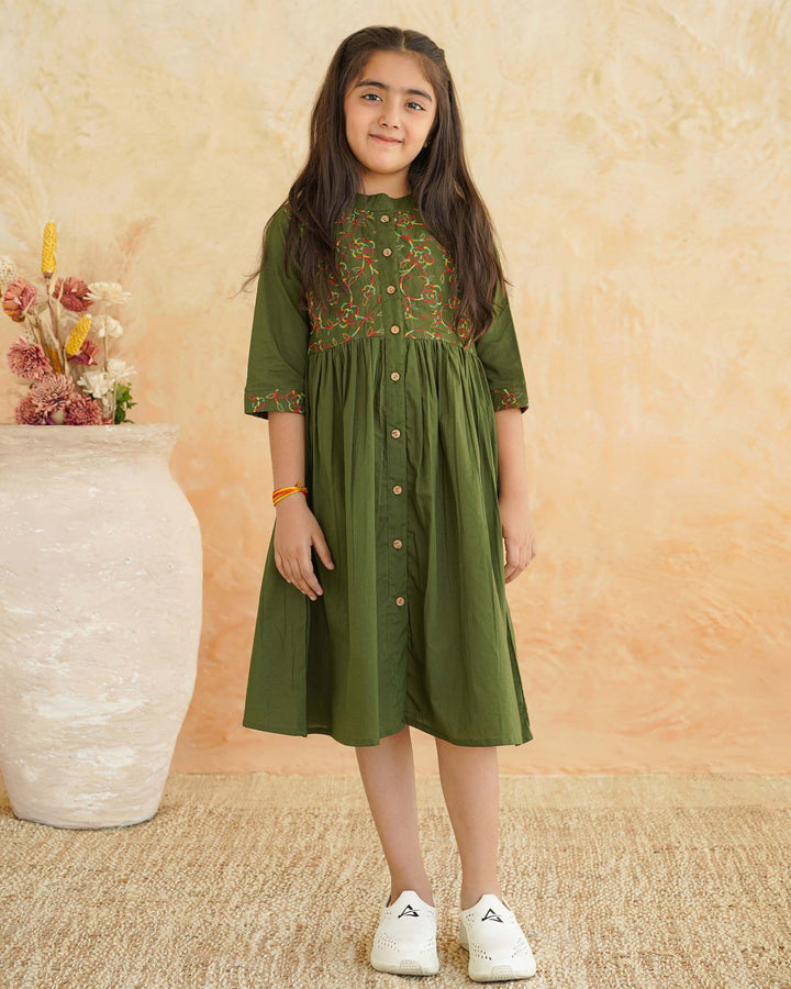 Green 'Resham' Embroidered Cotton Girl's Dress