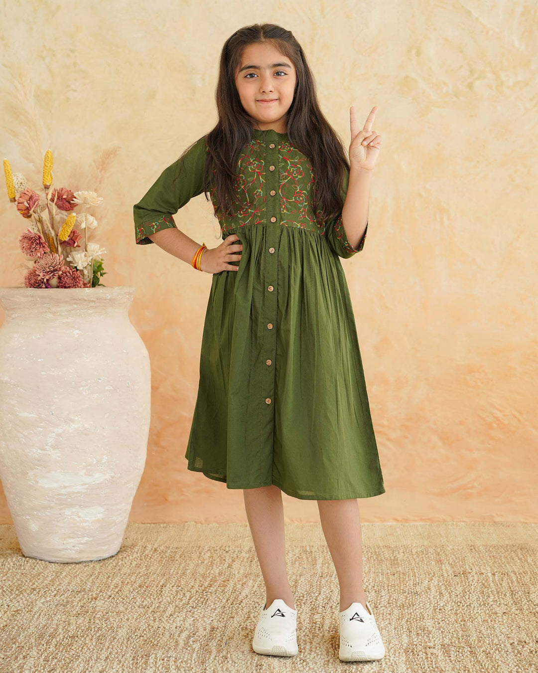 Green 'Resham' Embroidered Cotton Girl's Dress