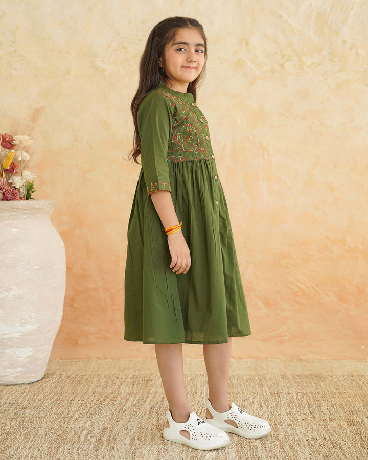 Green 'Resham' Embroidered Cotton Girl's Dress