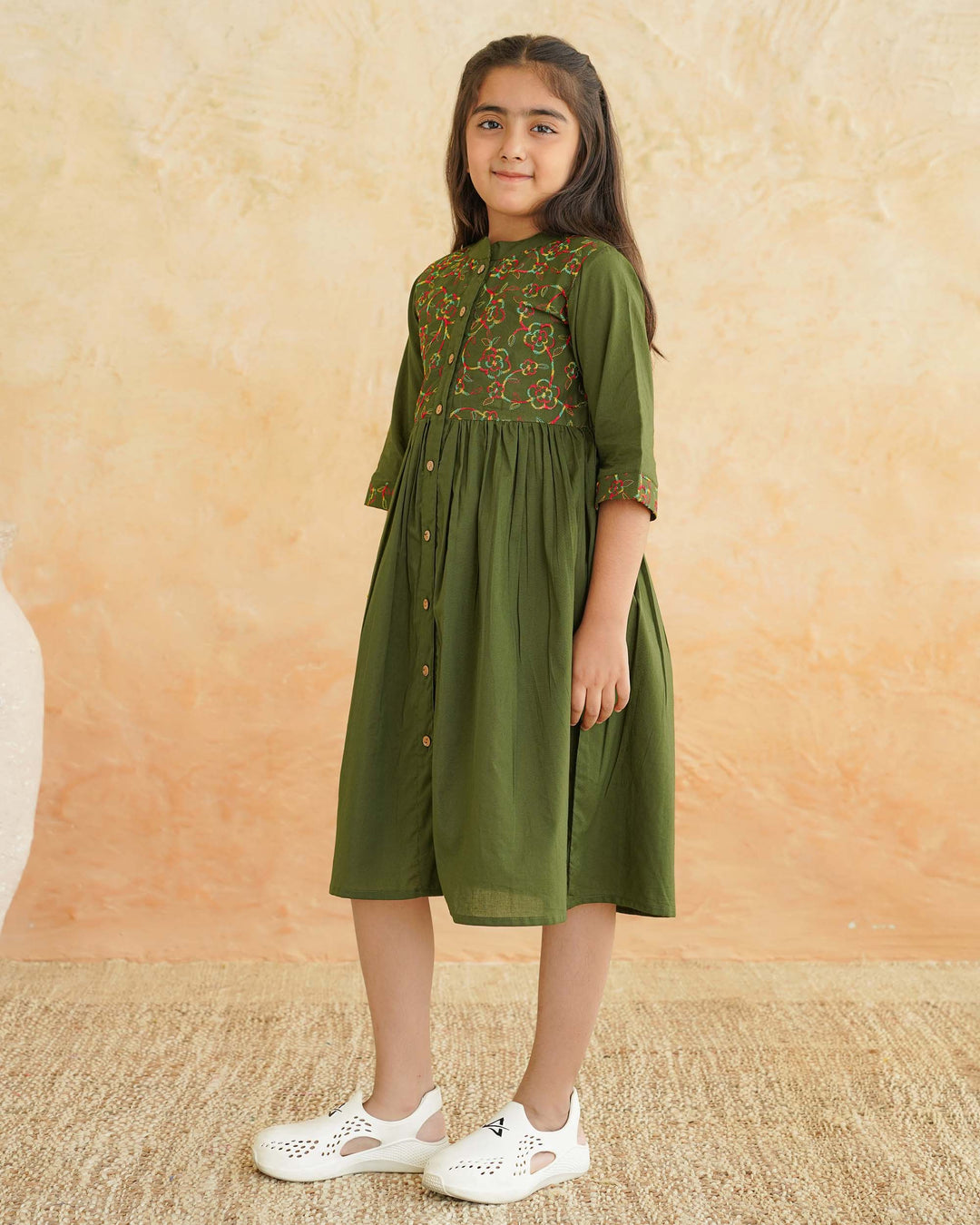 Green 'Resham' Embroidered Cotton Girl's Dress