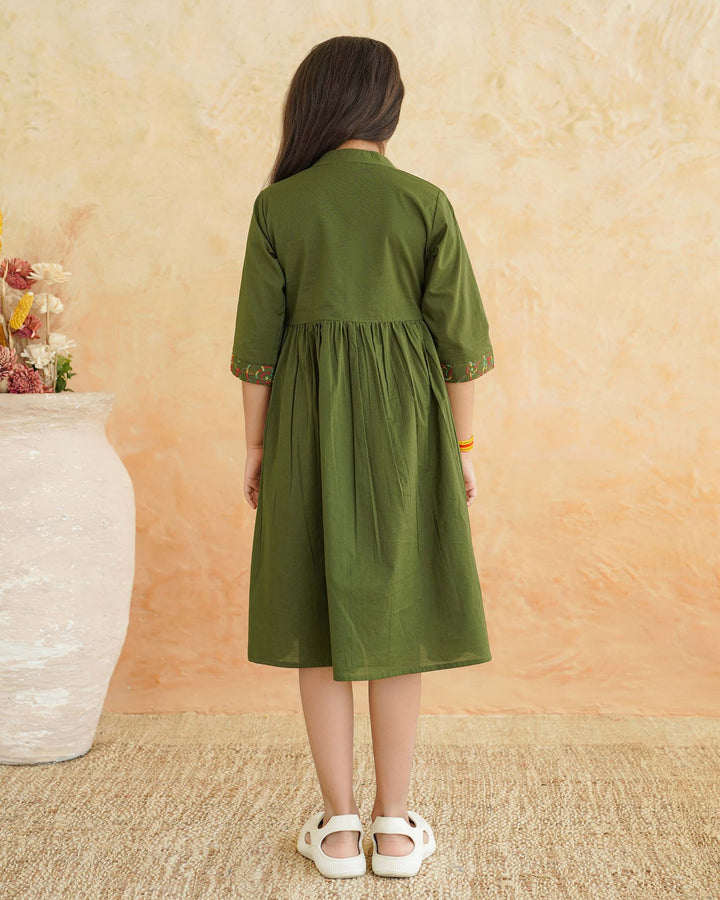 Green 'Resham' Embroidered Cotton Girl's Dress