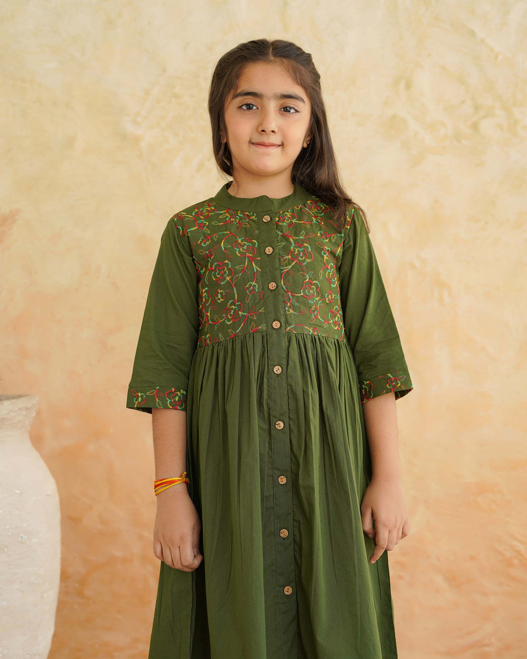 Green 'Resham' Embroidered Cotton Girl's Dress