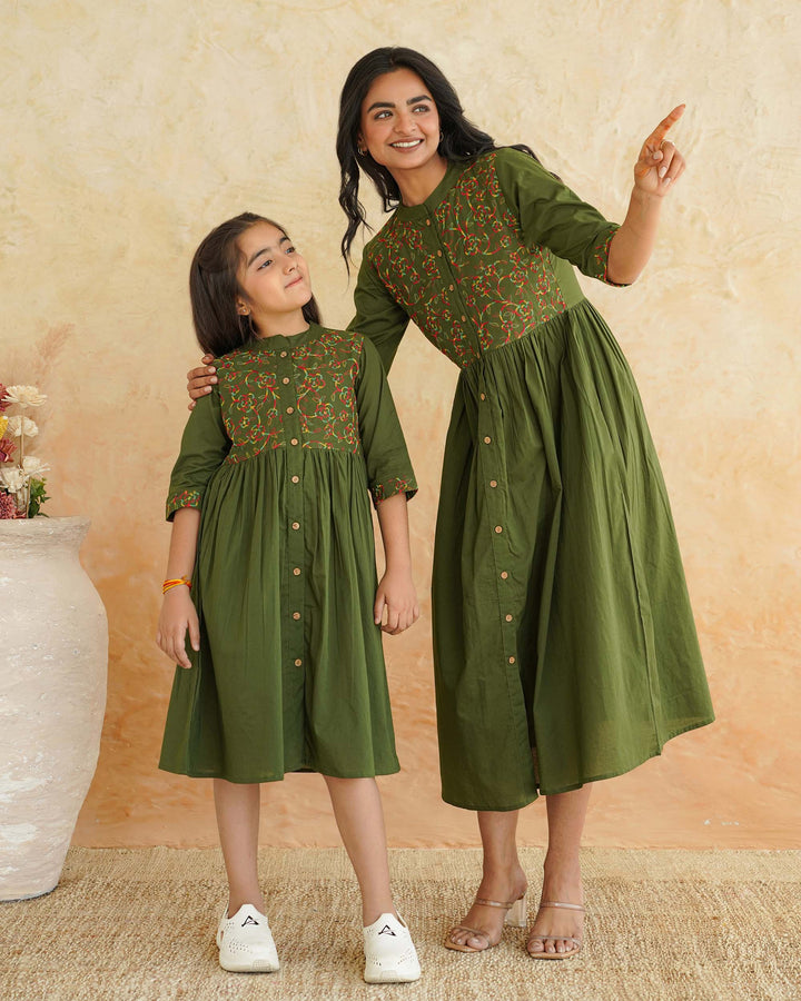 Green 'Resham' Embroidered Mom and Daughter Dresses