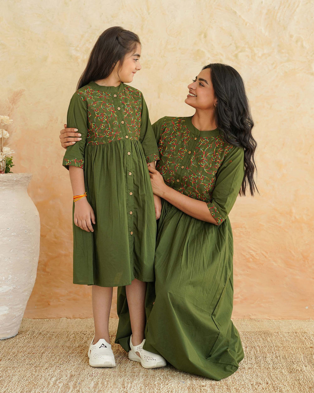 Green 'Resham' Embroidered Mom and Daughter Dresses
