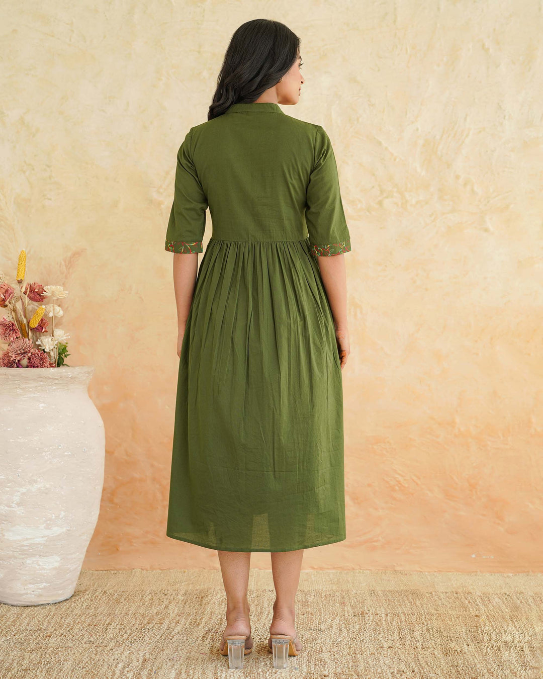 Green 'Resham' Embroidered Cotton Dress with Pockets