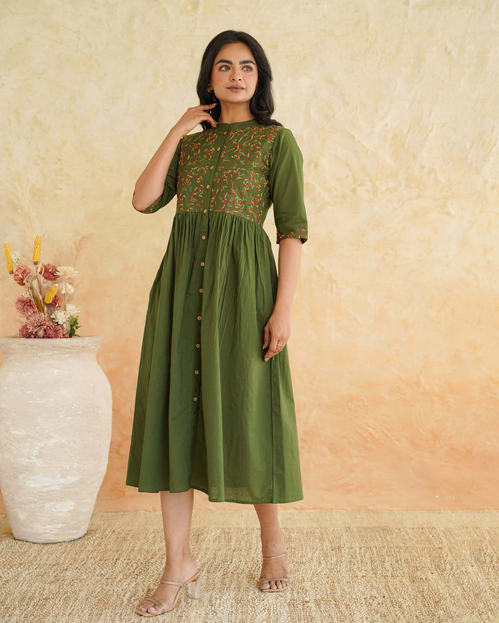 Green 'Resham' Embroidered Cotton Dress with Pockets