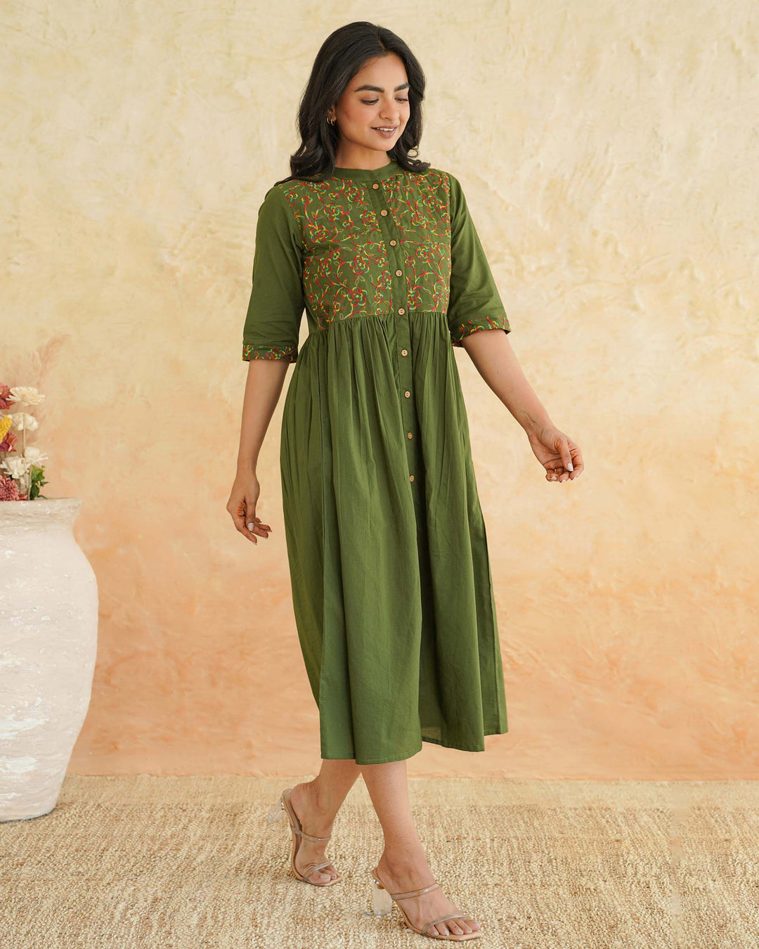 Green 'Resham' Embroidered Cotton Dress with Pockets
