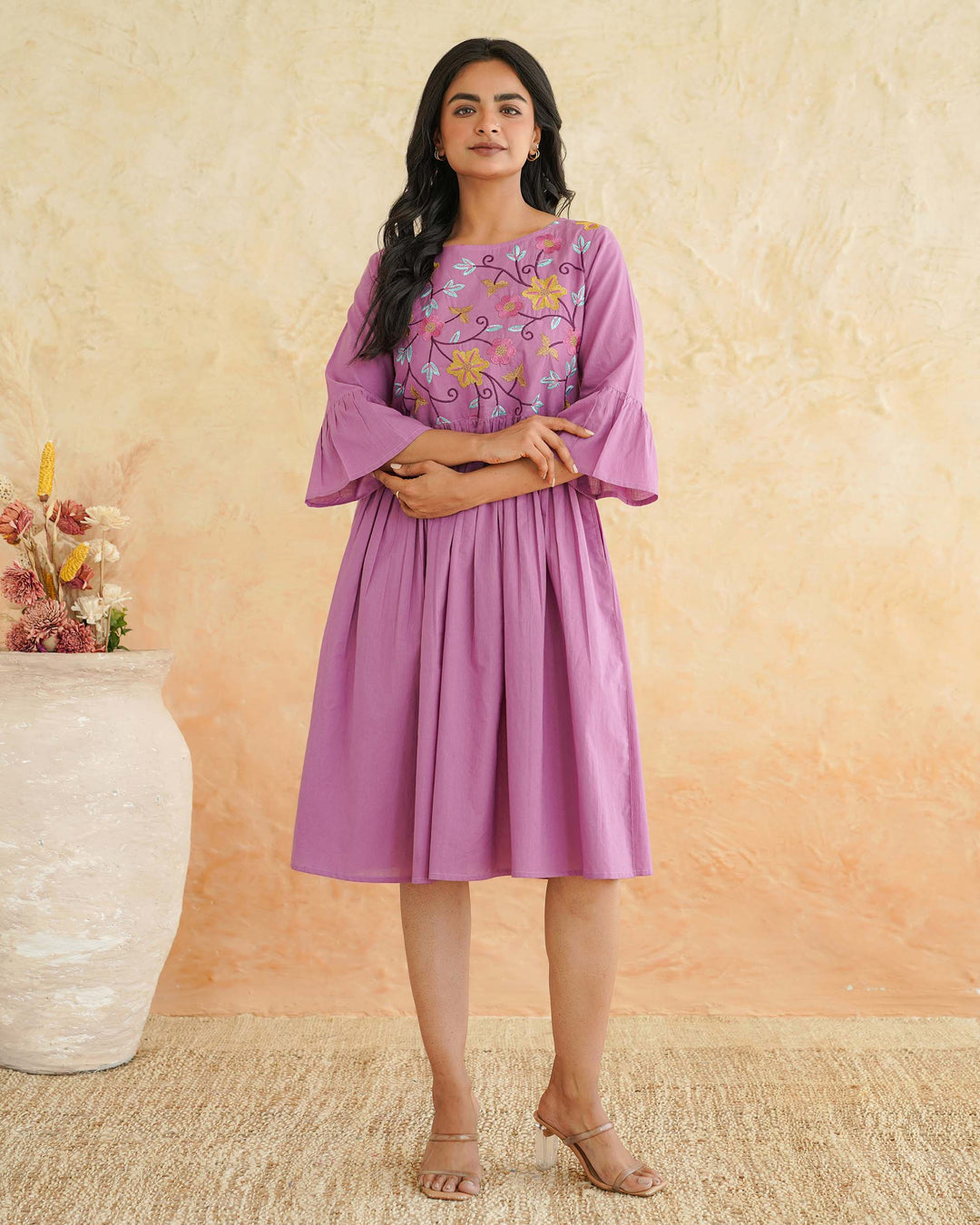 Lilac Floral Whimsy Embroidered Cotton Dress with Pockets