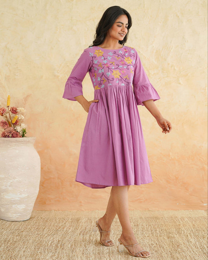 Lilac Floral Whimsy Mom and Daughter Embroidered Dresses