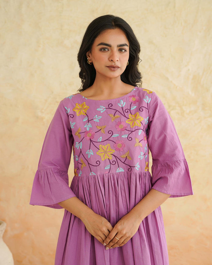Lilac Floral Whimsy Mom and Daughter Embroidered Dresses
