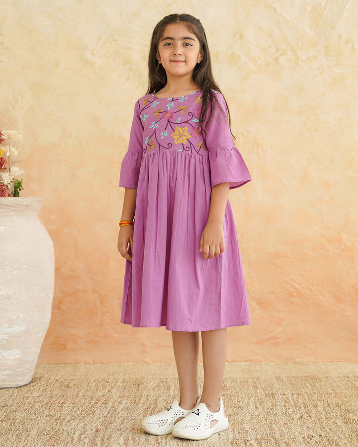 Lilac Floral Whimsy Cotton Girl's Dress