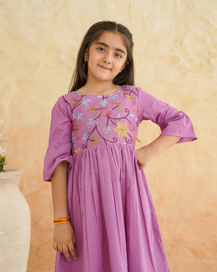 Lilac Floral Whimsy Cotton Girl's Dress