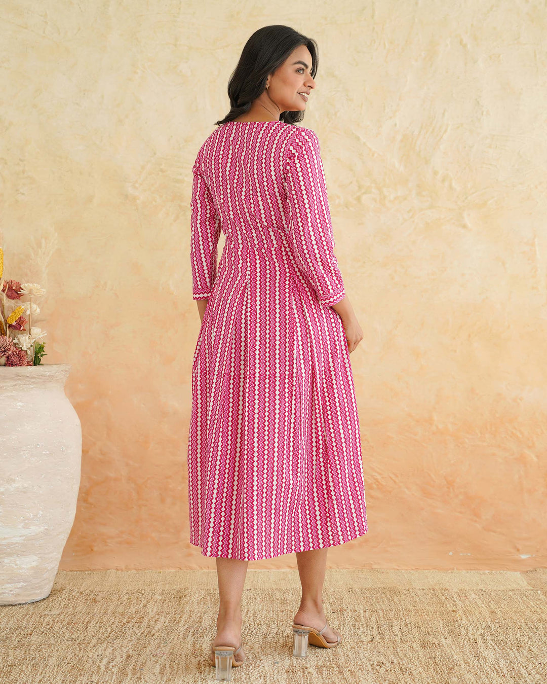 Pink Maze Cotton Midi Dress with Pockets