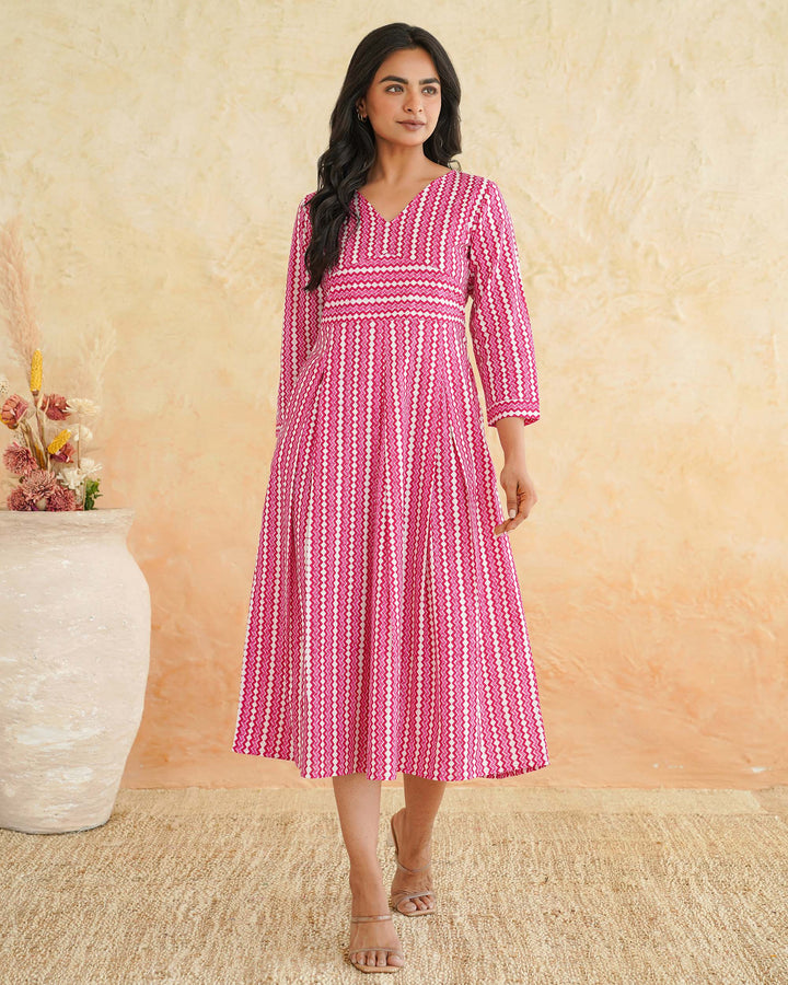 Pink Maze Cotton Midi Dress with Pockets
