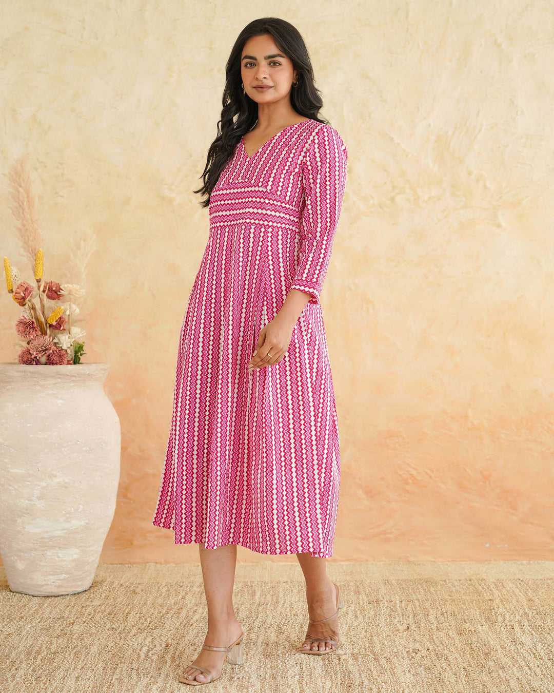 Pink Maze Cotton Midi Dress with Pockets