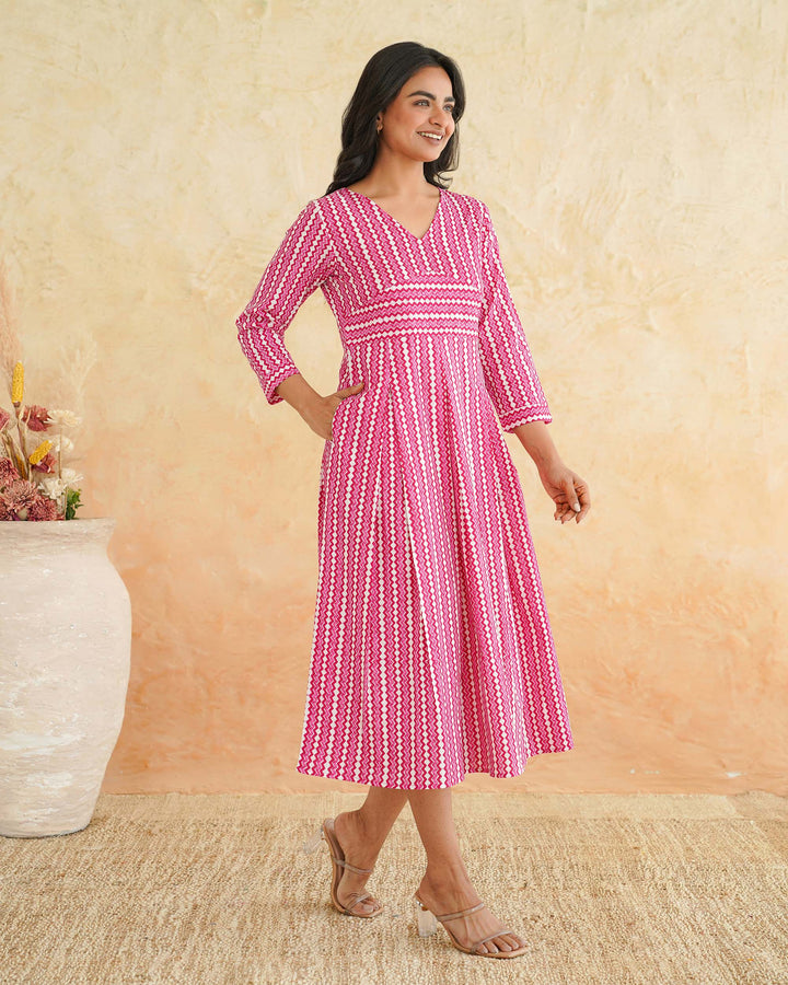 Pink Maze Cotton Midi Dress with Pockets