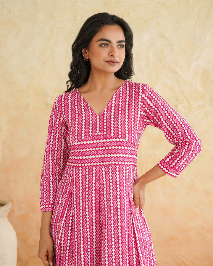 Pink Maze Cotton Midi Dress with Pockets