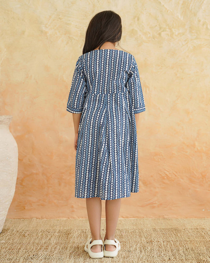 Blue Maze Cotton Girl's Dress