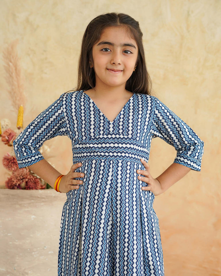 Blue Maze Cotton Girl's Dress