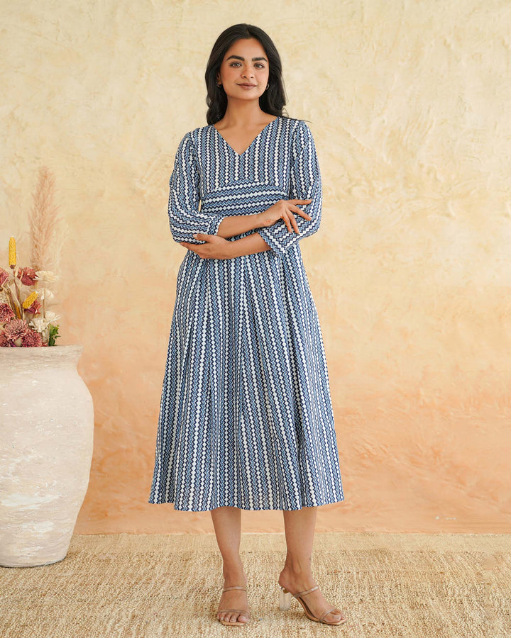 Blue Maze Cotton Midi Dress with Pockets